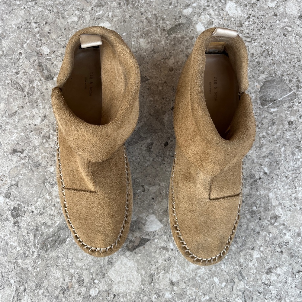 Rag & Bone Brixton Moccasins Stone Tan Suede Ankle Boots Shoes Mocs Boho Slip On - Picture 7 of 16